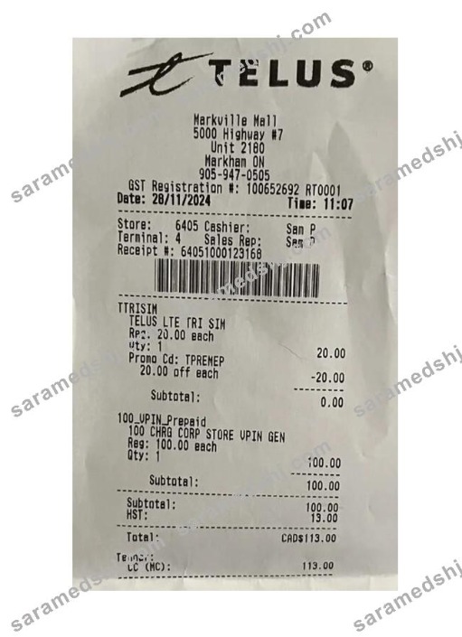 Telus company payment receipt